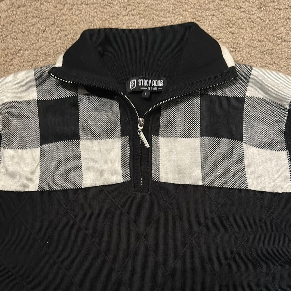Stacy Adams Mens 1/4 Zip Mock Neck Pullover Sweater Black Gray Checkered Size L - Picture 5 of 6